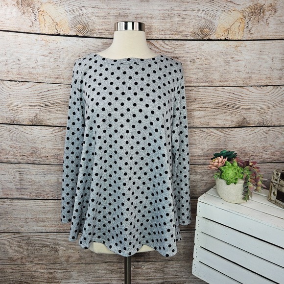 Green Envelope Polka Dot Top Long Sleeve Casual Blouse Gray Black 1X‎ - Picture 1 of 5